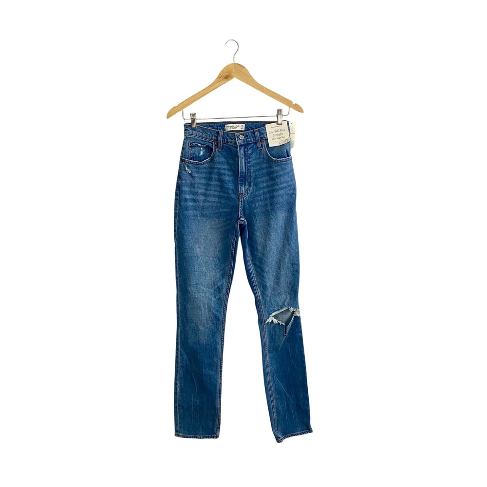 NWT Abercrombie & Fitch 90s Slim Straight Jeans Women 26/2L Blue Distressed Long
